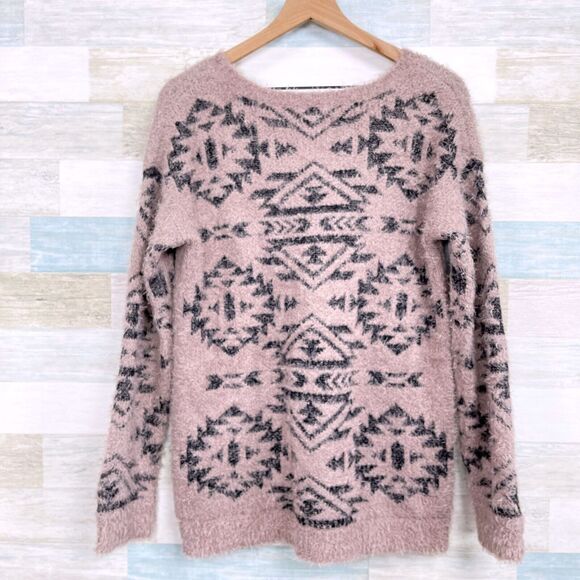 BB Dakota Fuzzy Knit Aztec Tunic Sweater Pink Black Wool Blend Womens Medium - Picture 4 of 7